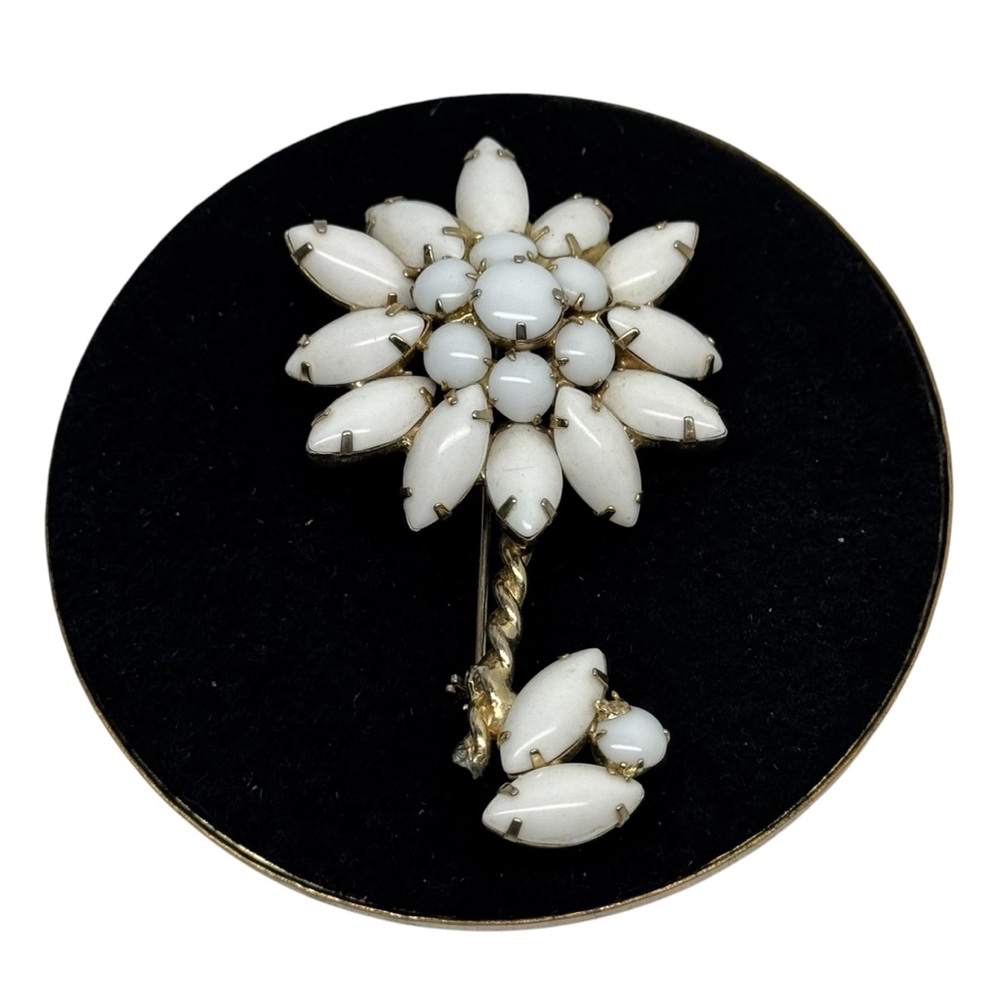 Vintage Milk Glass Flower Brooch Pin 3” Tall